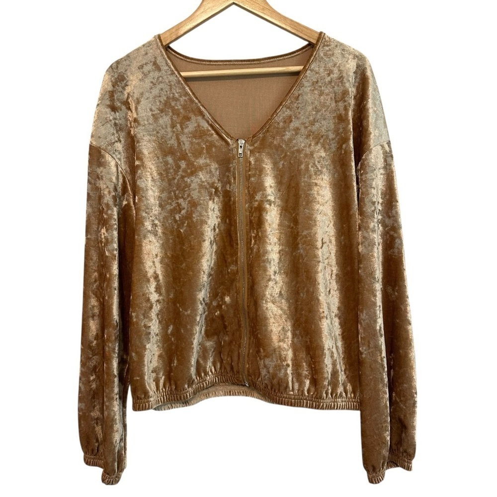 3/$18✨ Women's XL Crushed Gold Tan Velvet Zipper Casual Soft Cozy Long Sleeve